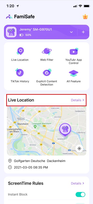 fonction de localisation en direct de famisafe